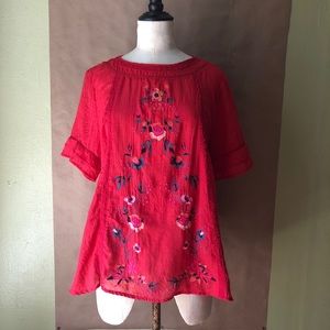 Johnny Was + pink boho embroidered + blouse